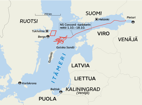 Venäläisomistuksessa oleva säiliöalus pysytteli lähes paikoillaan Tukholman saariston edustalla