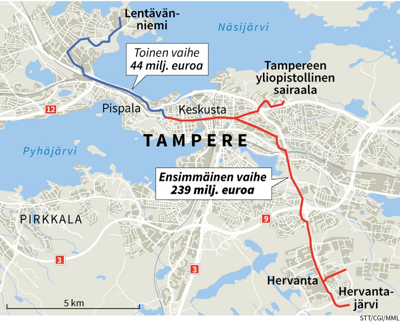 Tampereen raitiovaunut määrä ottaa käyttöön vuonna 2021 – tässä suunniteltu  reitti 