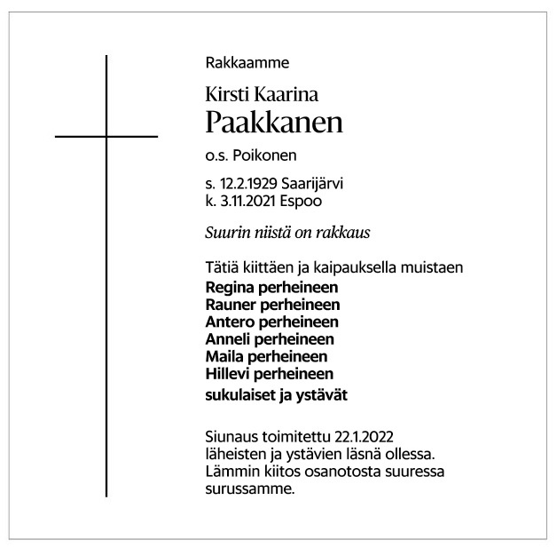 Kirsti Paakkanen kuolinilmoitus Helsingin Sanomissa.