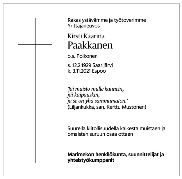 Kirsti Paakkanen kuolinilmoitus Helsingin Sanomissa.