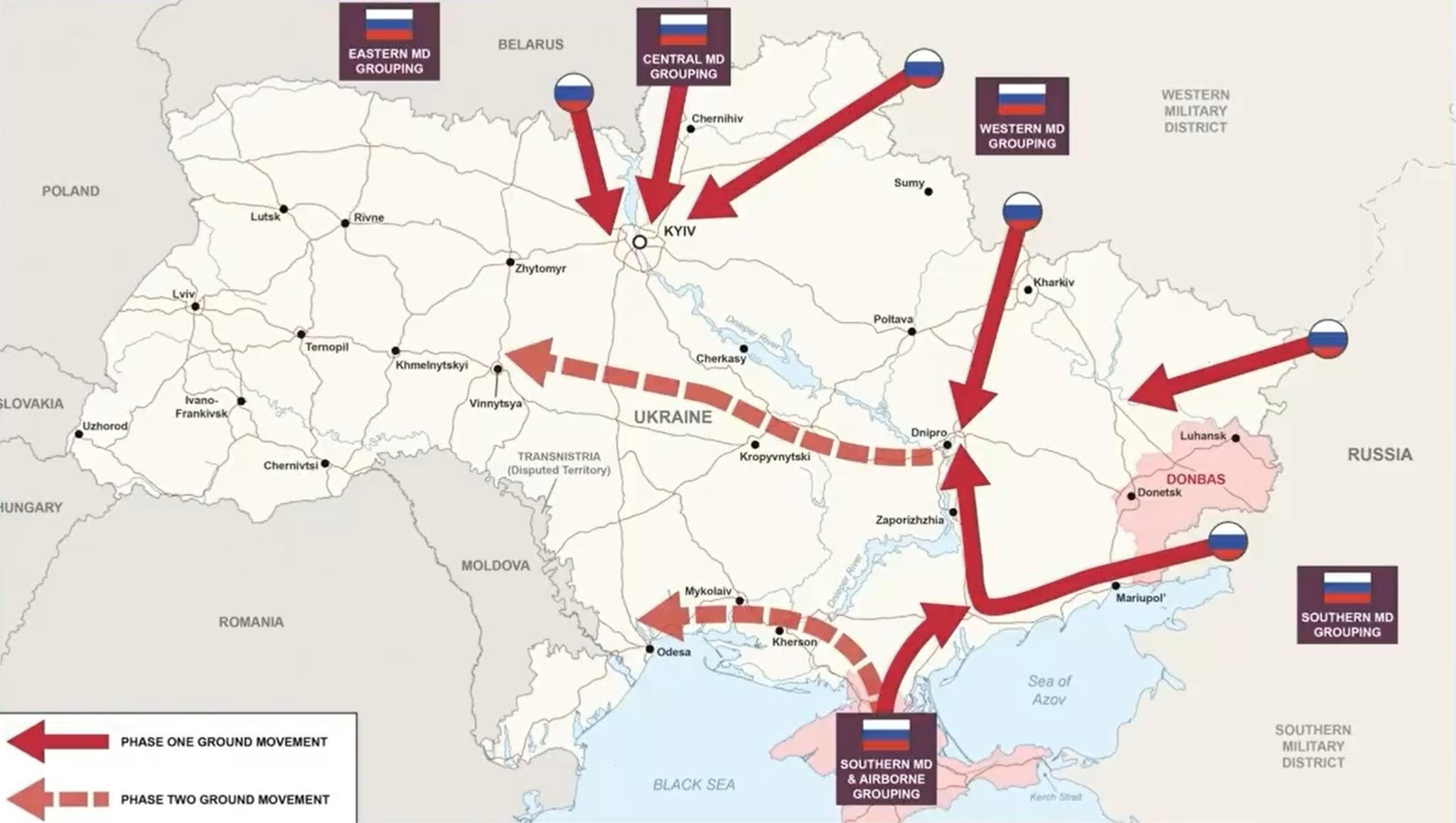 Iso-Britannian puolustusministeriön julkaisema kartta Venäjän mahdollisesta hyökkäyksestä Ukrainaan.