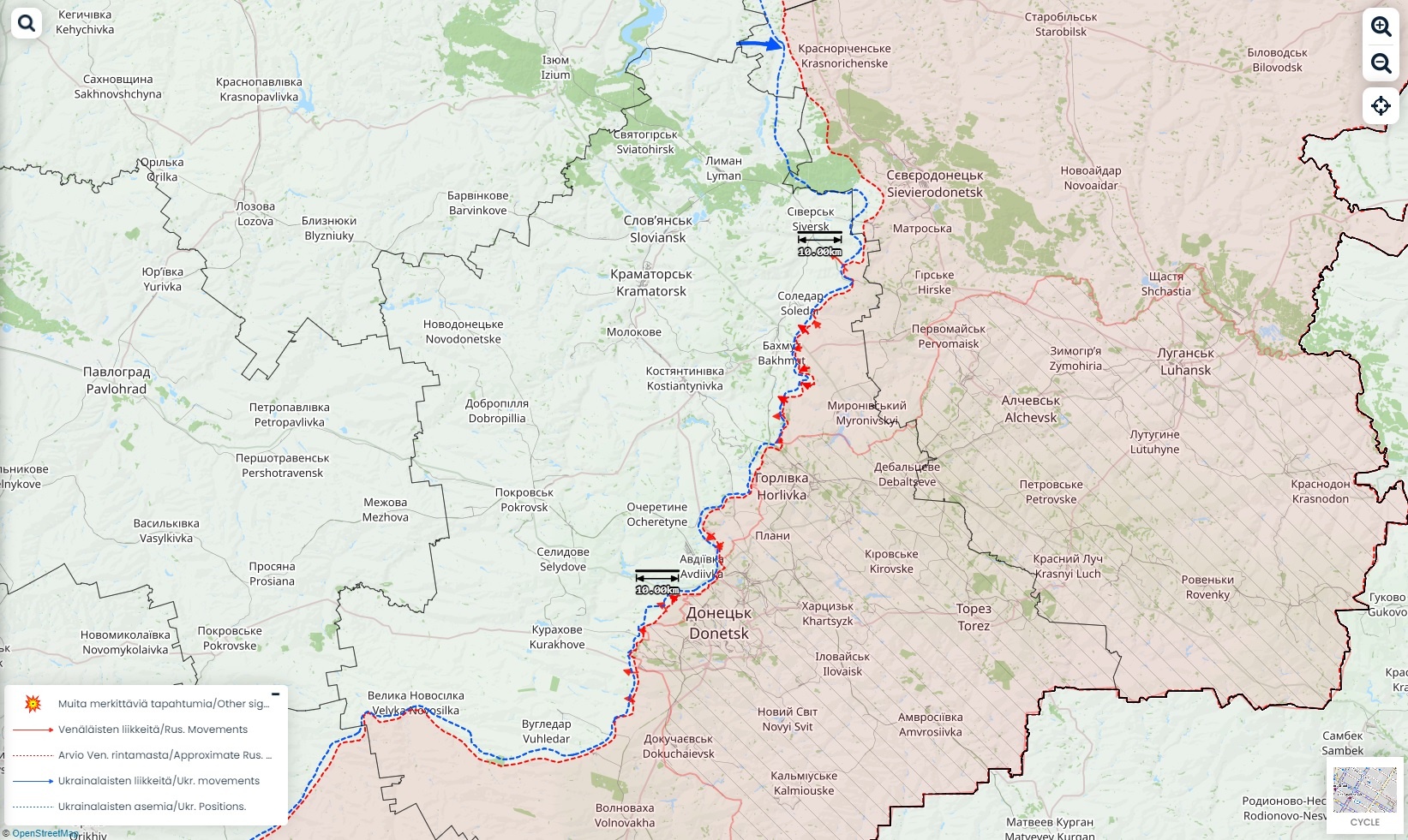 Itä-Ukrainan kartta, jossa näkyy venäläishyökkäyksiä.