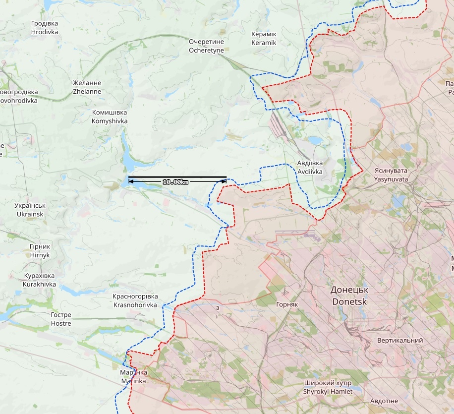 Avdiivkan rintamatilanne 1. huhtikuuta. Kartta: The War in Ukraine -tilannekartta (Emil Kastehelmi/John Helin/Eerik Matero & OSINT-tiimi).