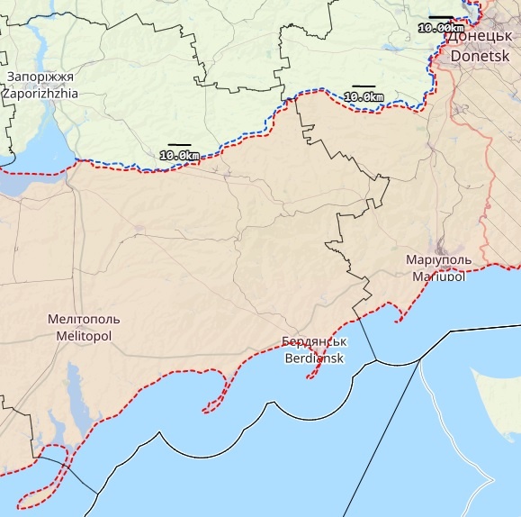 Etelä-Ukrainan Melitopolin ja Mariupolin välinen rintamalinja. Kartta: The War in Ukraine -tilannekartta (Emil Kastehelmi/John Helin/Eerik Matero & OSINT-tiimi)