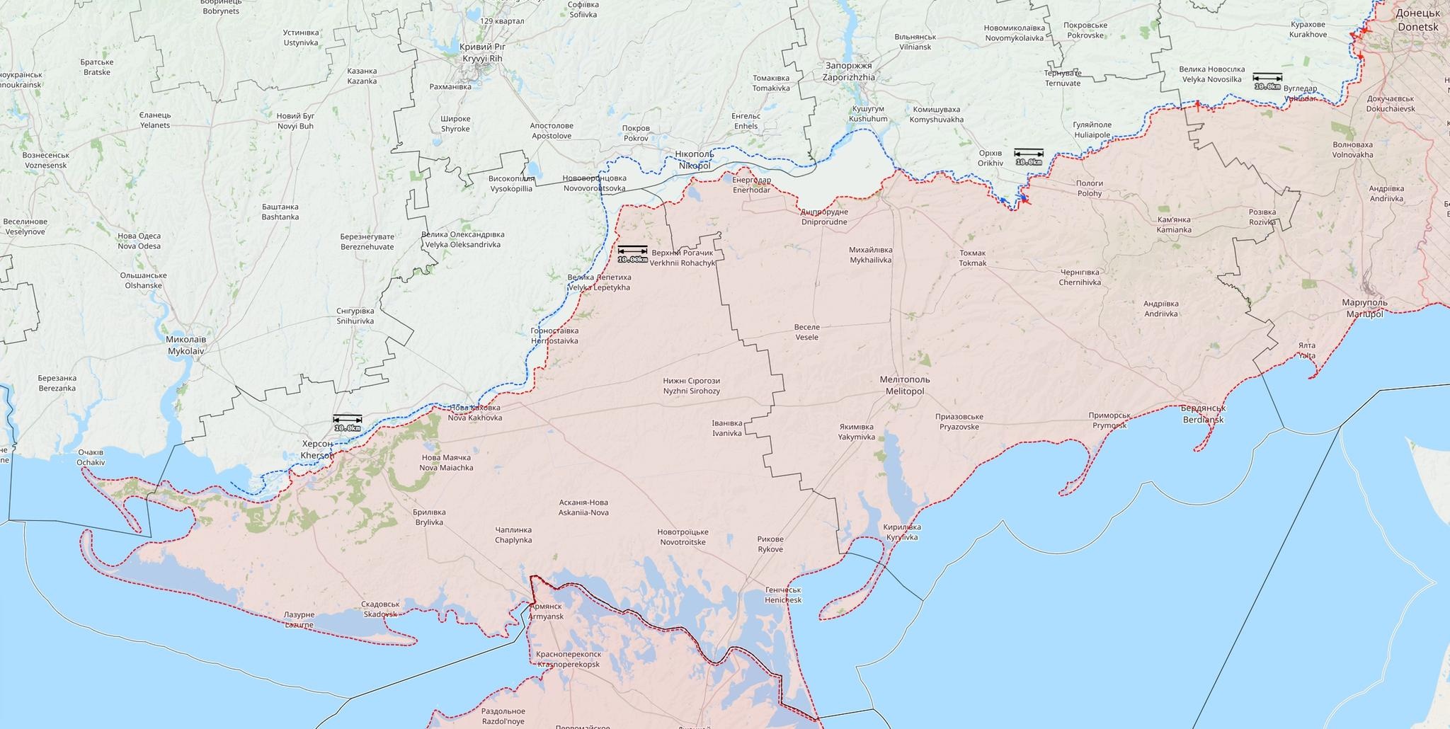 Etelä-Ukrainan rintamatilanne 2. syyskuuta. Siniset nuolet ovat Ukrainan hyökkäyksiä, punaiset Venäjän. Kartta: The War in Ukraine -tilannekartta / Black Bird Group.