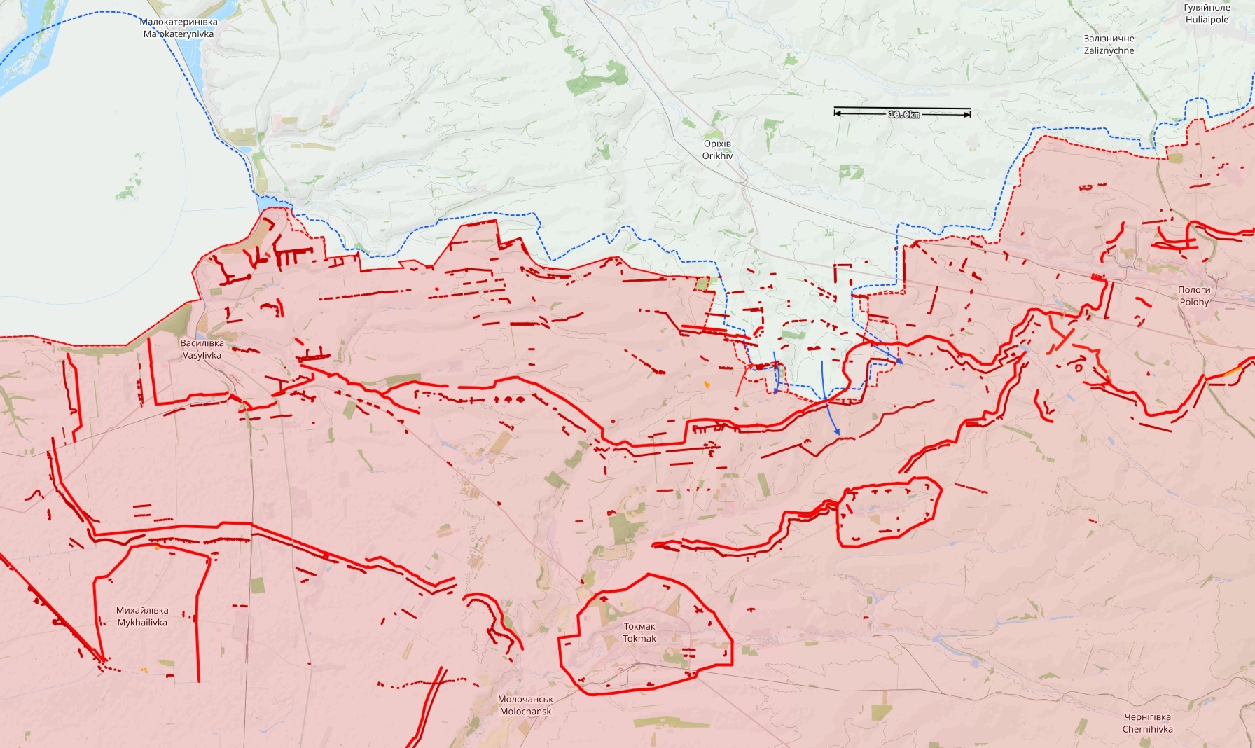 Länsi-Zaporizhzhjan rintamatilanne 28. syyskuuta. Siniset nuolet ovat Ukrainan hyökkäyksiä. Paksut punaiset viivat ovat Venäjän tiedettyjä valmisteja puolustusasemia. Kartta: The War in Ukraine -tilannekartta / Black Bird Group.