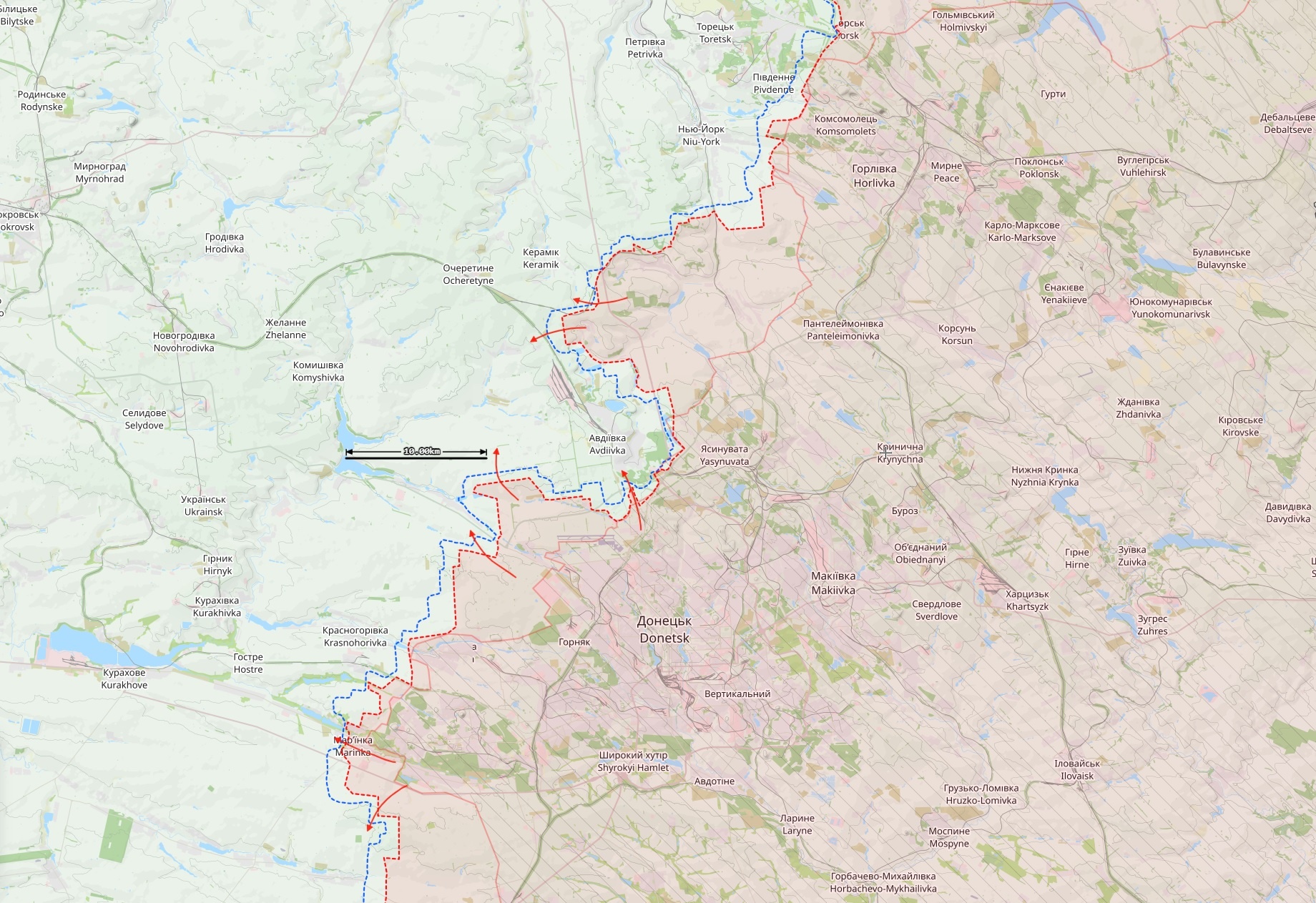 Avdiivkan kaupungin ympäristön rintamatilanne 11. lokakuuta. Punaiset nuolet ovat Venäjän hyökkäyksiä. Kartta: The War in Ukraine -tilannekartta / Black Bird Group.