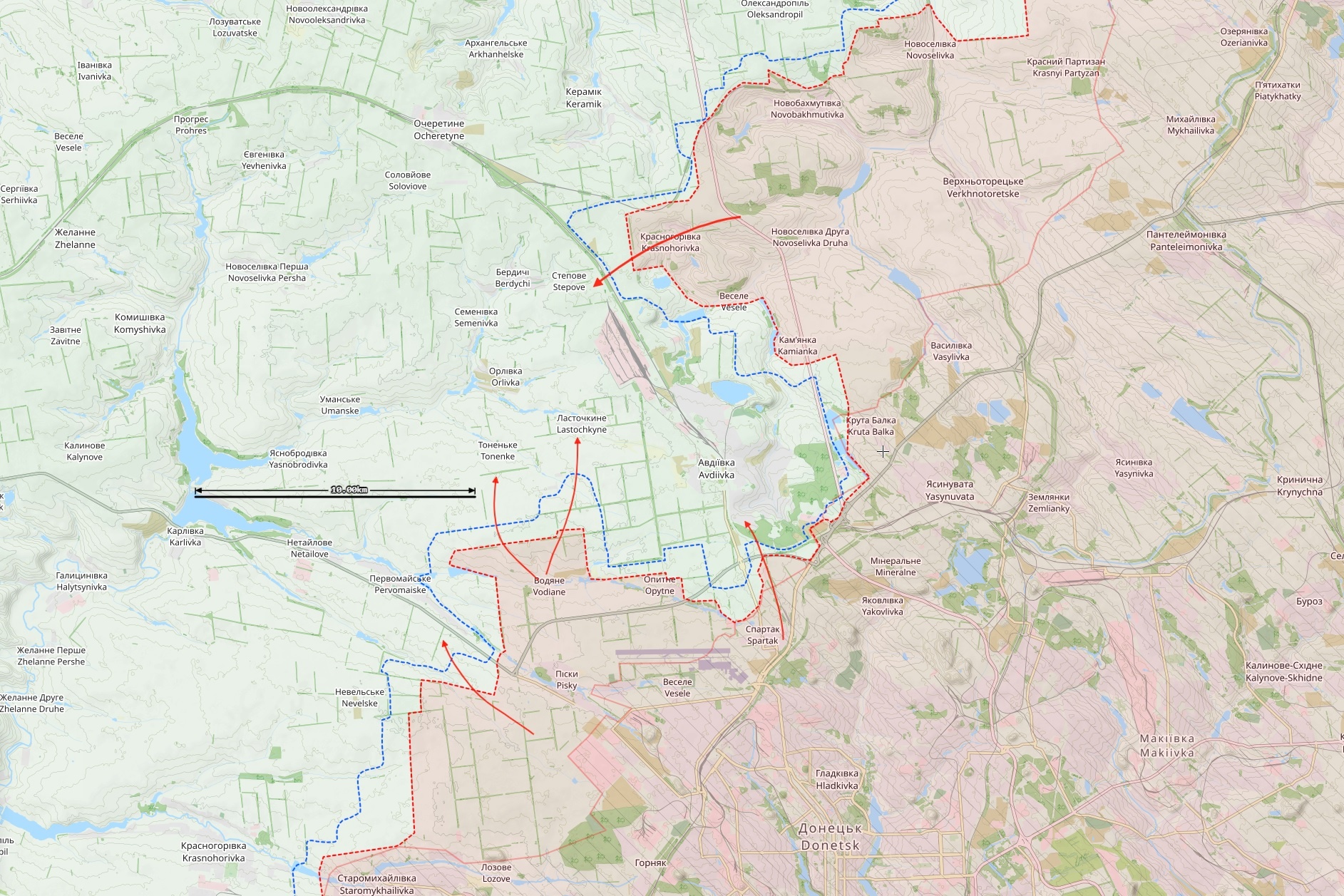 Avdijivkan kaupungin ympäristön rintamatilanne 13. lokakuuta. Punaiset nuolet ovat Venäjän hyökkäyksiä. Kartta: The War in Ukraine -tilannekartta / Black Bird Group.