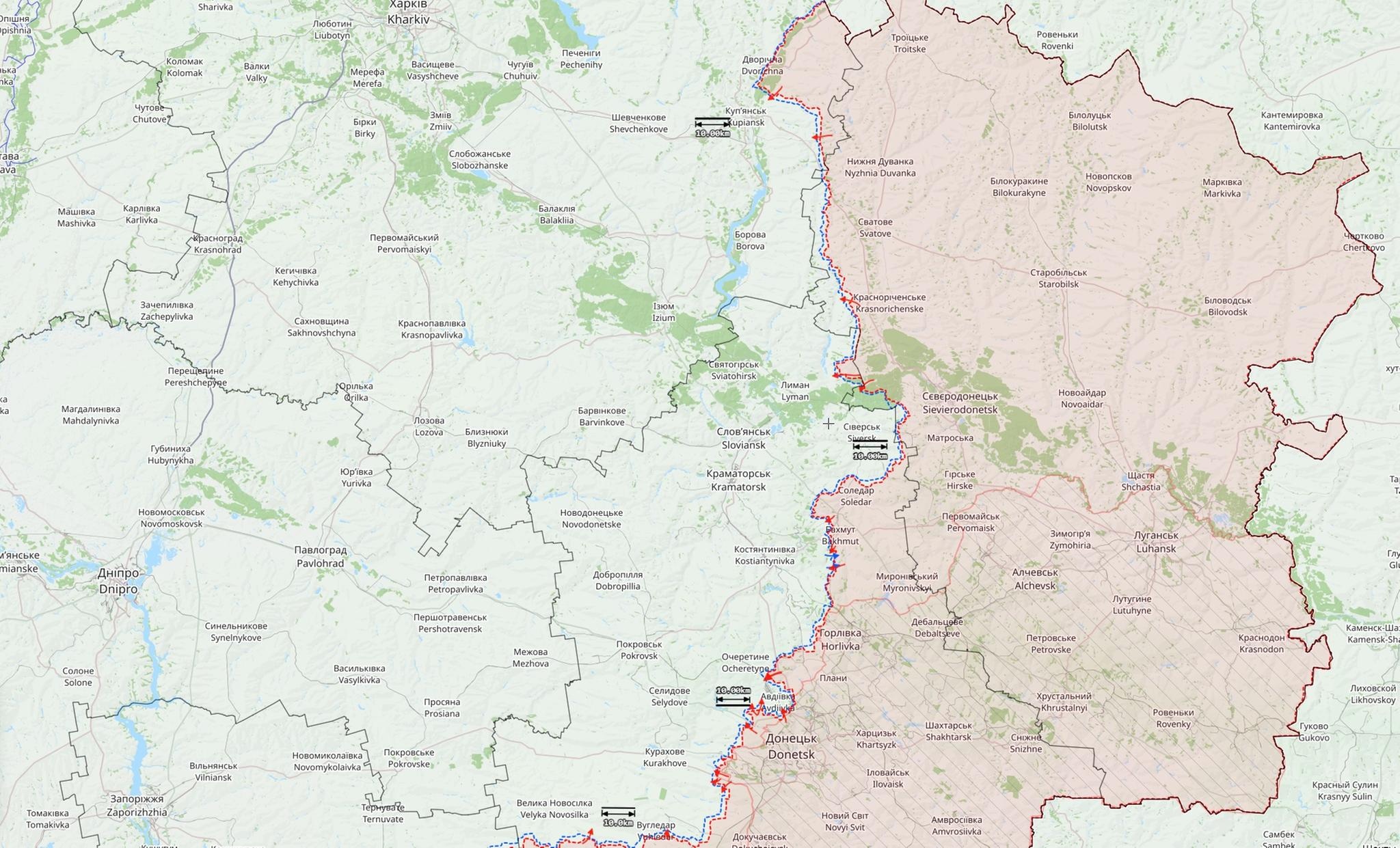Ukrainan itärintama 13. lokakuuta. Punaiset nuolet ovat Venäjän hyökkäyksiä, siniset Ukrainan. Kartta: The War in Ukraine -tilannekartta / Black Bird Group.
