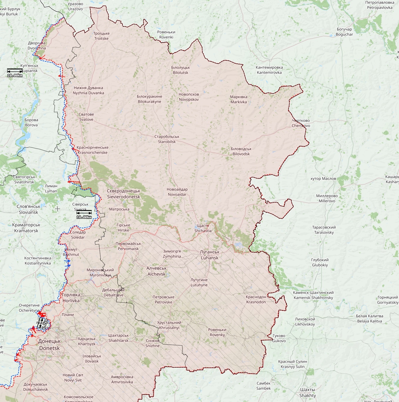 Ukrainan itärintama 14. lokakuuta. Punaiset nuolet ovat Venäjän hyökkäyksiä, siniset Ukrainan. Kartta: The War in Ukraine / Black Bird Group