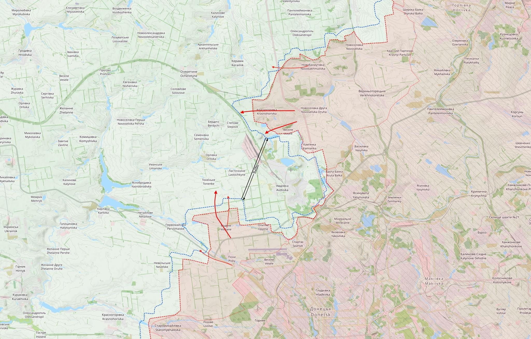 Avdijivkan rintamatilanne 16. lokakuuta. Punaiset nuolet ovat Venäjän hyökkäyksiä. Kartta: The War in Ukraine -tilannekartta / Black Bird Group.