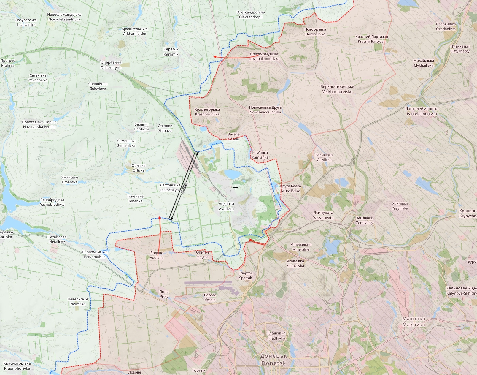 Avdijivkan rintamatilanne 18. lokakuuta. Punaiset nuolet ovat Venäjän hyökkäyksiä. Kartta: The War in Ukraine -tilannekartta / Black Bird Group.