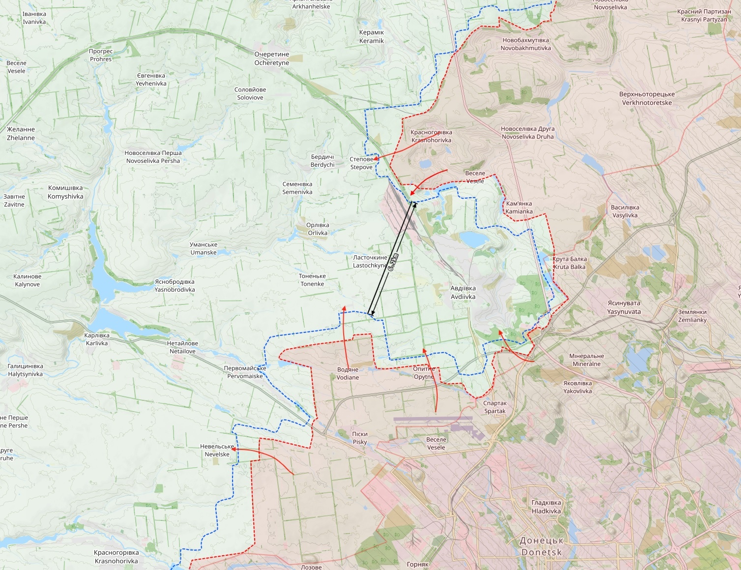 Avdijivkan rintamatilanne 26. lokakuuta. Punaiset nuolet ovat Venäjän hyökkäyksiä. Kartta: The War in Ukraine -tilannekartta / Black Bird Group.