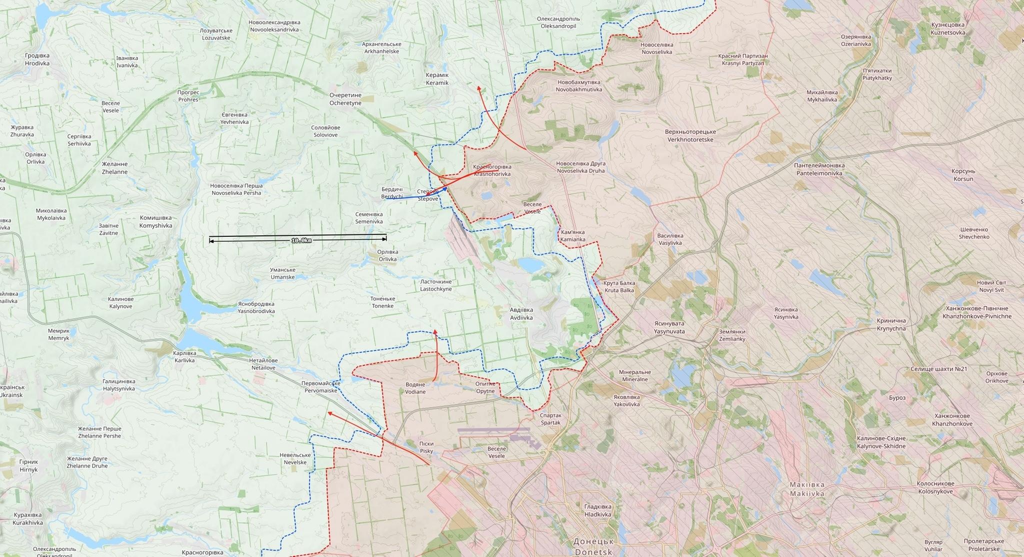 Avdijivkan rintamatilanne 13. marraskuuta. Punaiset nuolet ovat Venäjän hyökkäyksiä. Kartta: The War in Ukraine -tilannekartta / Black Bird Group.