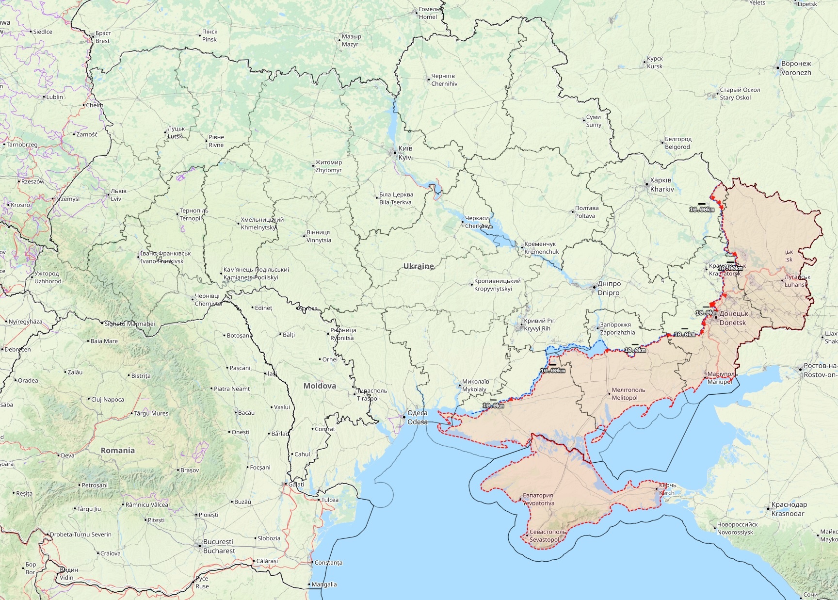 Ukrainan rintamatilanne 23. marraskuuta. Punainen alue on Venäjän miehittämä alue Ukrainasta. Kartta: The War in Ukraine / Black Bird Group.