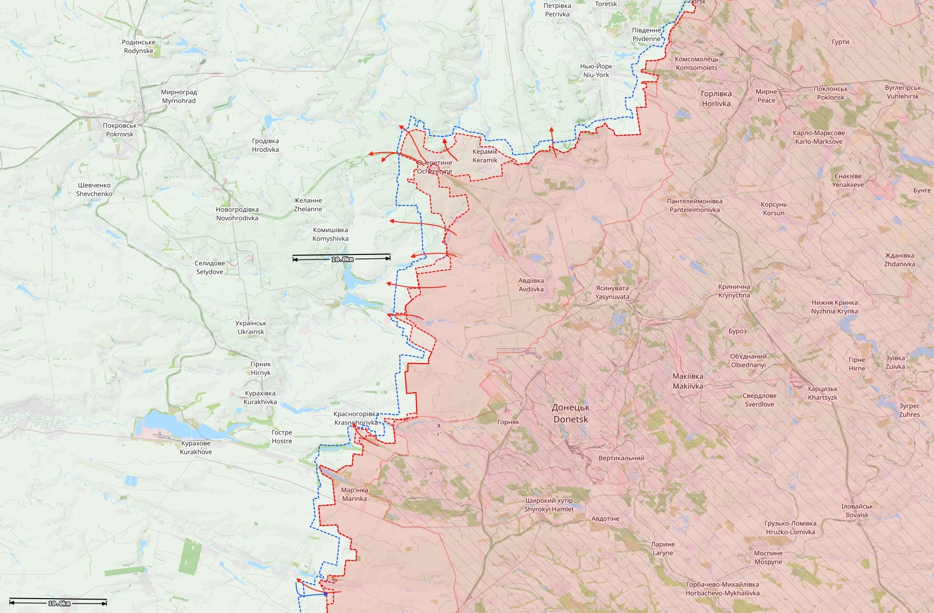Ote Itä-Ukrainan rintamatilanteesta. Punaiset nuolet ovat Venäjän hyökkäyksiä. Vaaleamman punaisella on merkattu alue, jonka Venäjä on vallannut noin viimeisen kahden viikon aikana. Kartta: The War in Ukraine / Black Bird Group.