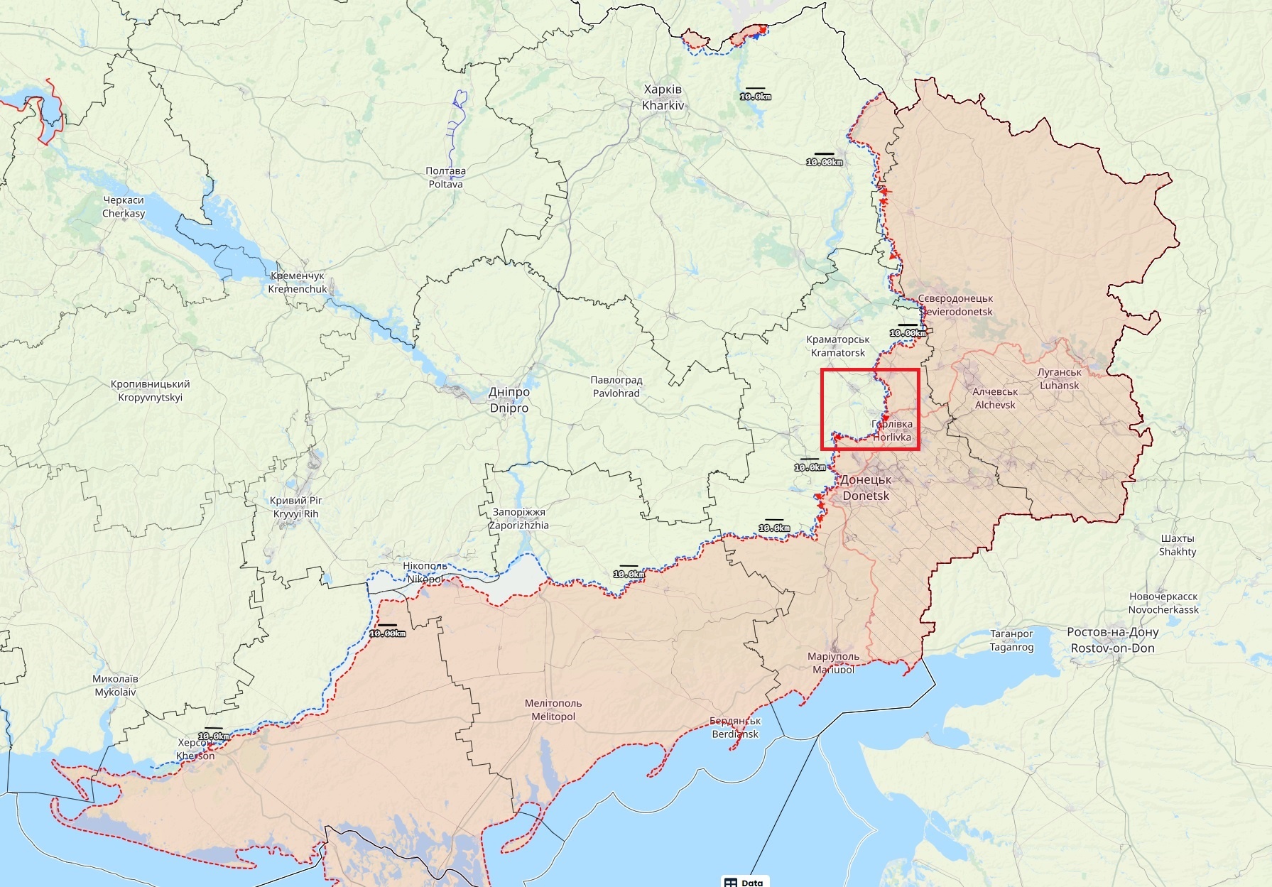 Itä-Ukrainan rintamatilanne 22. kesäkuuta. Punaisen neliön sisällä on Tshasiv Jarin ja Avdijivkan välinen rintama. Kartta: The War in Ukraine / Black Bird Group.