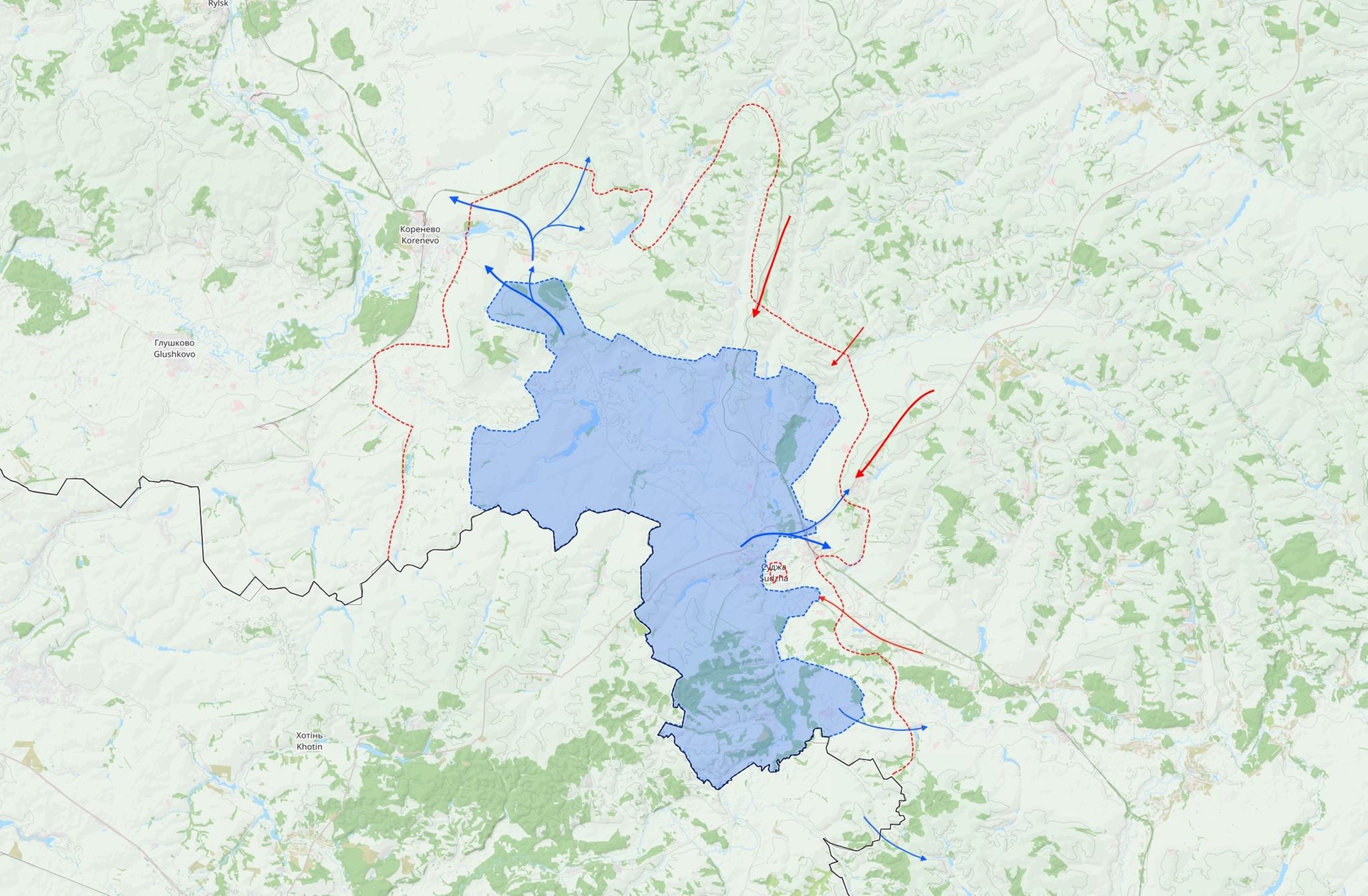 Kurskin rintamatilanne 10. elokuuta. Sininen alue on Ukrainan miehittämä. Siniset nuolet ovat Ukrainan, punaiset Venäjän hyökkäyksiä.