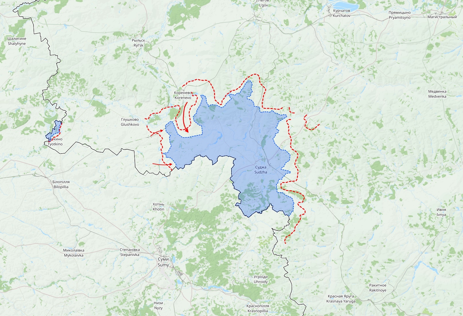 Venäjän Kurskin alueen rintamatilanne 11. syyskuuta. Punaiset nuolet ovat Venäjän hyökkäyssuuntia. Kartta: The War in Ukraine / Black Bird Group.