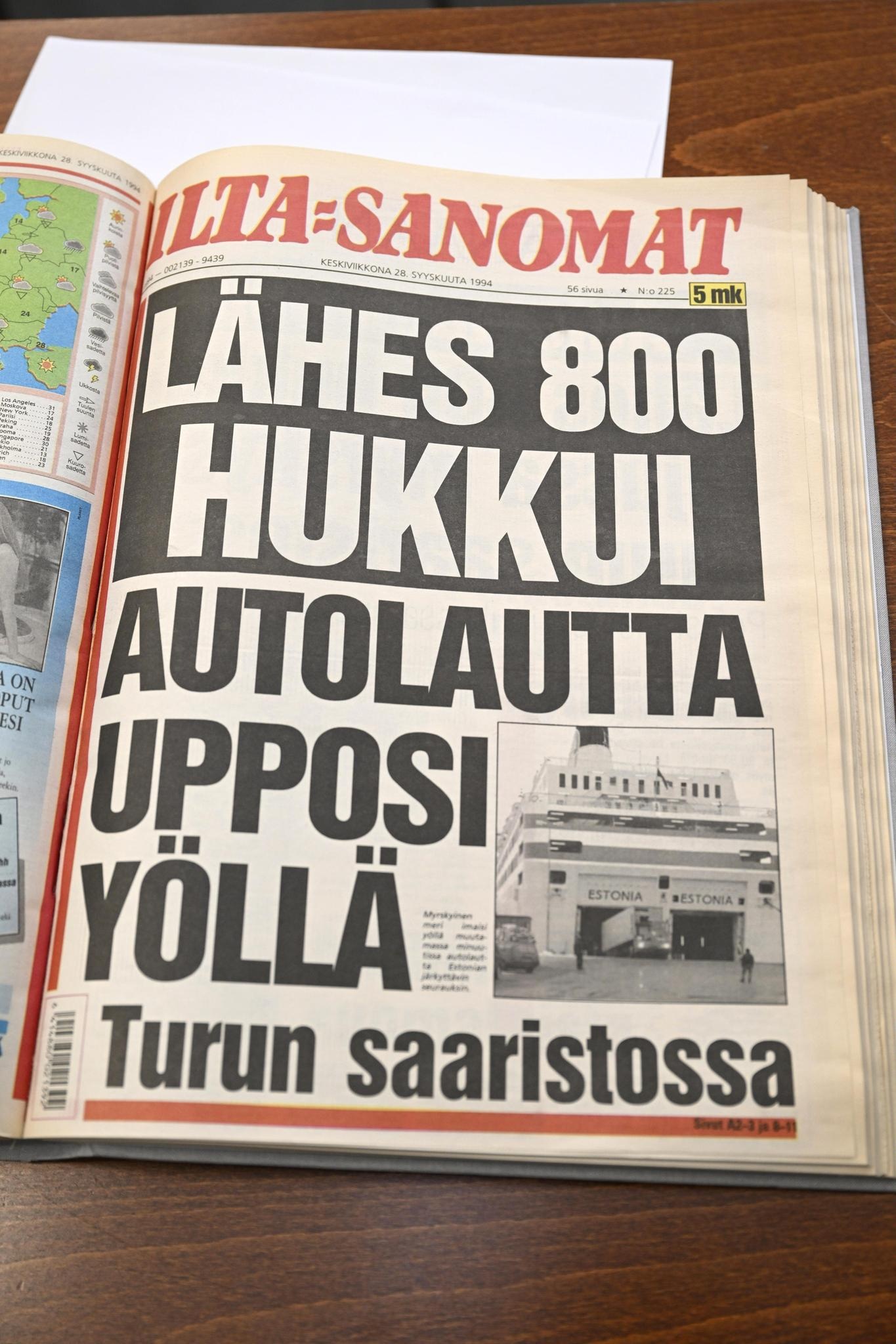 Ilta-Sanomien erikoisnumerolehden kansi joka ilmestyi Estonian uppoamispäivänä 28.syyskuuta 1994.