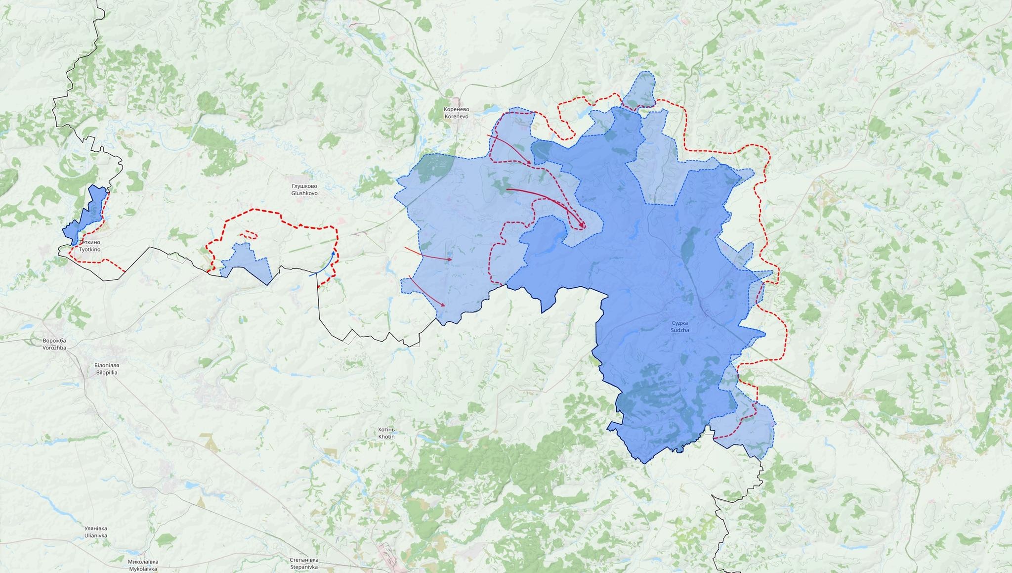 Venäjän Kurskin alueen rintamatilanne. Tummemman sininen alue on Ukrainan 13. lokakuuta hallussa pitämä. Vaaleamman sinisellä merkityt alueet olivat Ukrainan hallussa vielä 1. syyskuuta. Punaiset nuolet ovat Venäjän hyökkäyssuuntia.