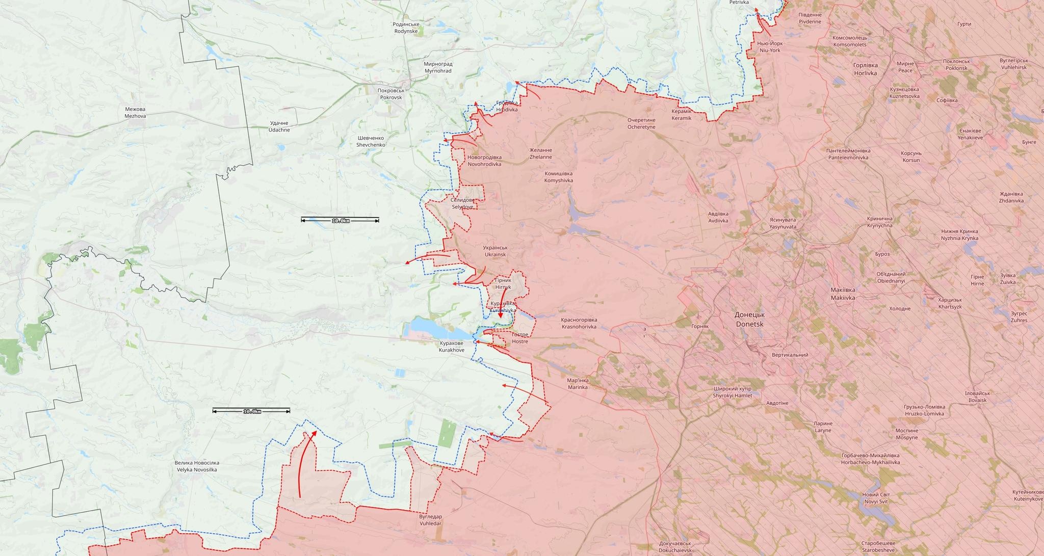 Donetskin alueen rintamatilanne 30. lokakuuta. Punaiset nuolet ovat Venäjän hyökkäyssuuntia. Vaaleamman punaiset alueet ovat Venäjän noin viimeisen viikon aikana valtaamia alueita. Kartta: The War in Ukraine / Black Bird Group.