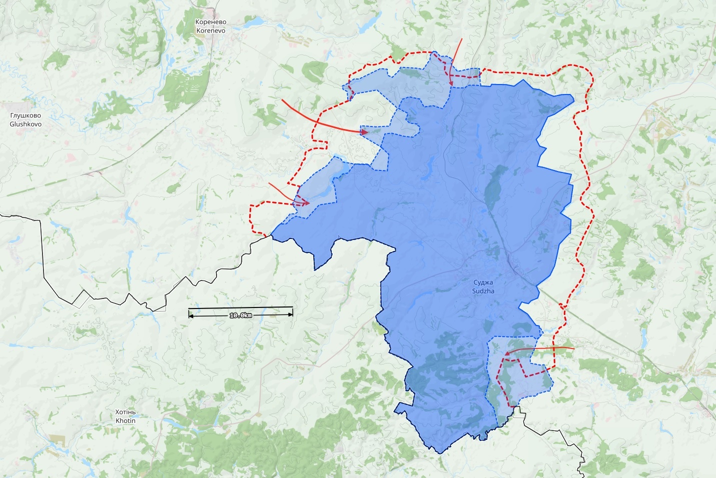 Venäjän Kurskin alueen rintamatilanne 13. marraskuuta. Punaiset nuolet ovat Venäjän hyökkäyssuuntia. Vaaleamman sinisellä on merkitty alueet, jotka Venäjä on vallannut takaisin viimeisen noin viikon aikana. Kartta: Black Bird Group.