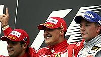 Felipe Massa, Michael Schumacher ja Kimi Räikkönen (Kuva: Clive Rose/Getty Images)