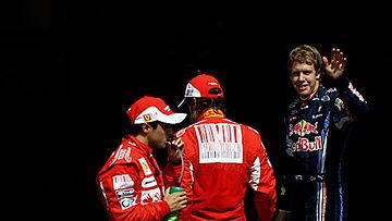 Felipe Massa, Fernando Alonso ja Sebastian Vettel Saksan aika-ajojen jälkeen. Kuva: Vladimir Rys/GETTY.