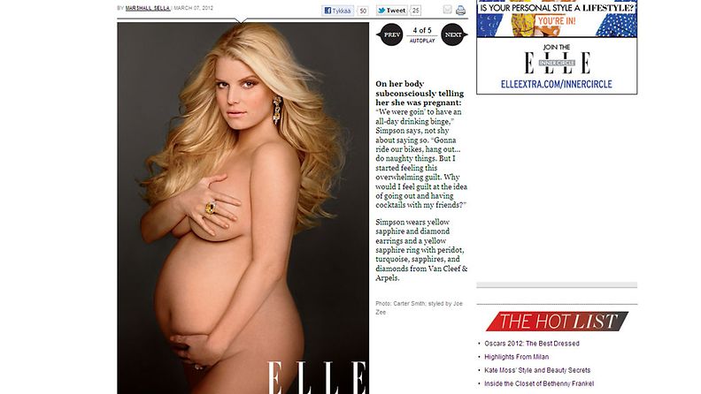 Jessica Simpson poseeraa alastomana ja viimeisillään raskaana Elle-lehdessä.