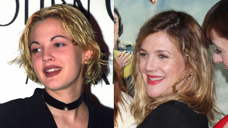 Drew Barrymore vuonna 1992 ja 2012.