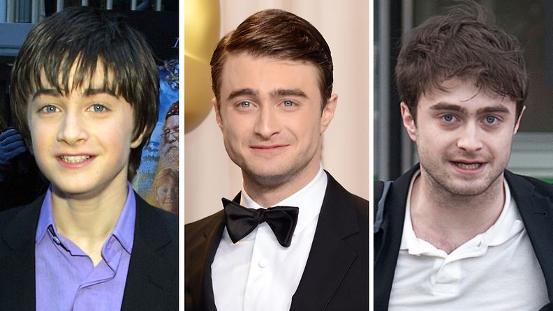 HarryPotter -tähti Daniel Radcliffe vuonna 2001 sekä helmikuussa 2013 ja huhtikuussa 2013.
