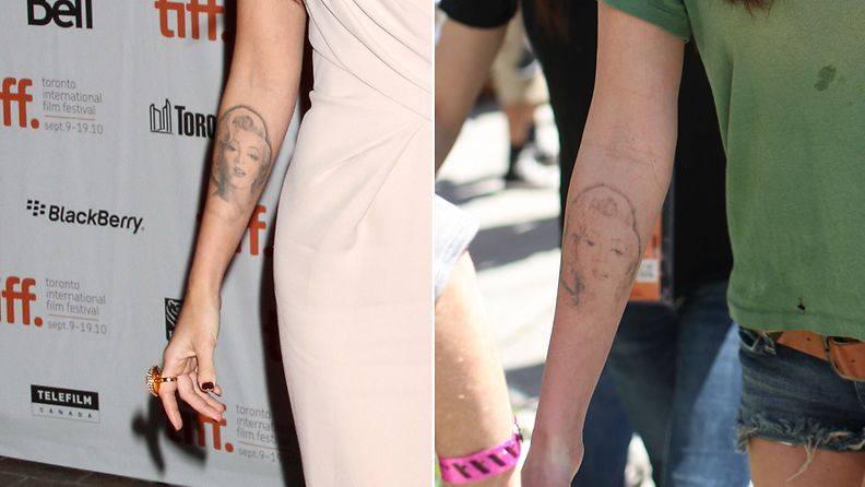 Megan Foxin Marilyn Monroe -tatuointi syksyllä 2010 ja huhtikuussa 2011.