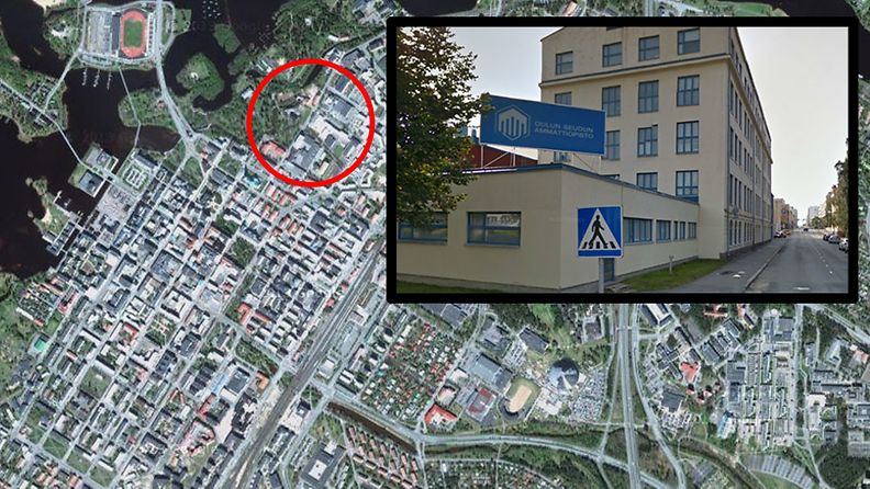 Kaleva: Neljää puukotettu ammattiopistolla Oulussa. Kuvakaappaus Google Mapsista.