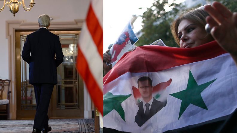 Yhdysvaltain ulkoministeri John Kerry poistumassa tiedotustilaisuudestaan 30.8.2013. Oikealla Syyrian hallinnon kannattajia Pariisissa 29.8.2013. 