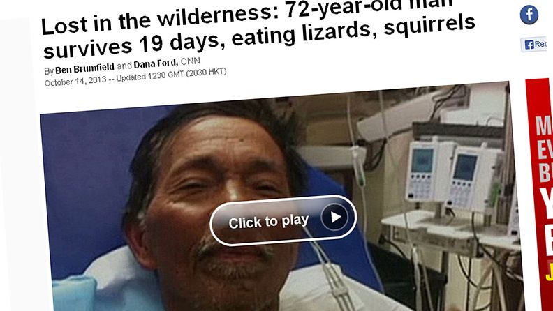 72-vuotias Gene Penaflor sinnitteli eksyksissä metsässä 19 päivää syömällä muun muassa oravia ja sammakoita. Kuvakaappaus CNN:n sivuilta.