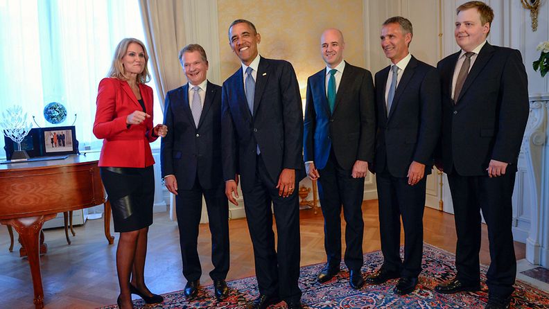 (L-R) Danish Prime Minister Helle Thorning-Schmidt, Finnish President Sauli Niinisto, US President Barack Obama, Swedish Prime Minister Fredrik Reinfeldt and Davia Gunnlaugsson, Prime Minister of Iceland. attend the Nordic Dinner in Stockholm, Sweden 04 September 2013. Obama is the first incumbent US president to make a bilateral visit to Sweden, visiting en route to a G20 summit in Russia, where the Syrian civil war is expected to dominate the discussions. 
