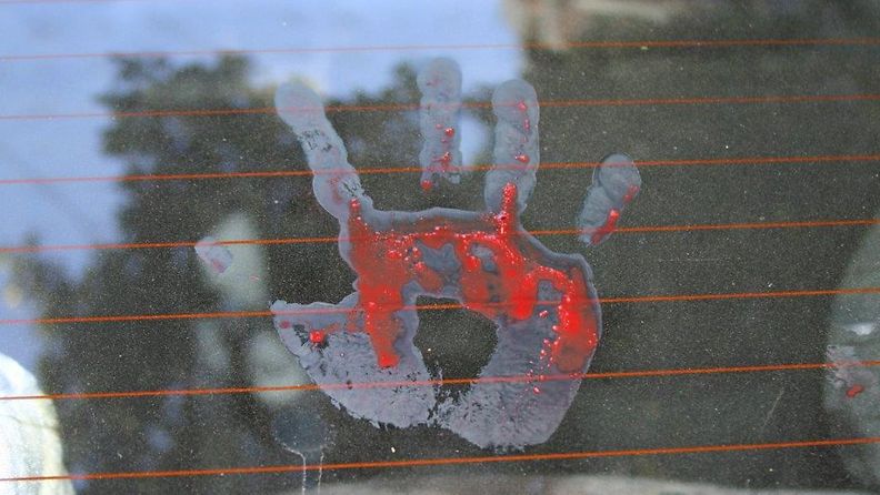 Uhrieläimen tuoreeseen vereen kastettu kämmenen kuva karkottaa pahaa rakennuksen seinässä tai auton ikkunassa - eid el adhan uhrijuhla Egyptissä.