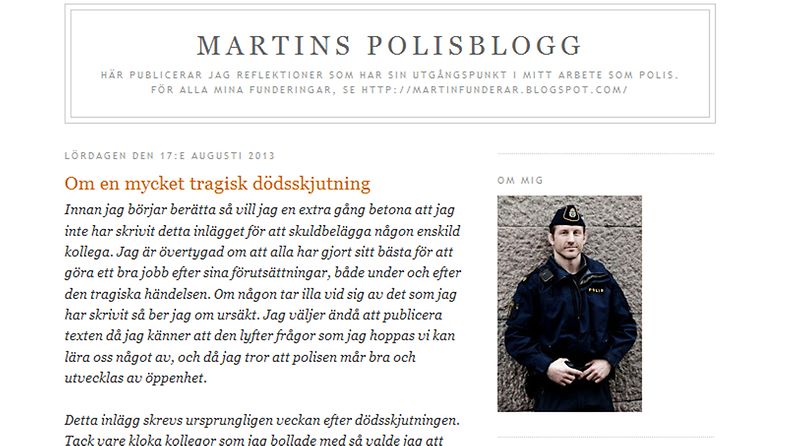 Ruotsalaispoliisin mukaan poliisiorganisaatiossa on vikaa, jos se ei pysty puolustamaan itseään ilman ampumista. Kuvakaappaus blogista.   