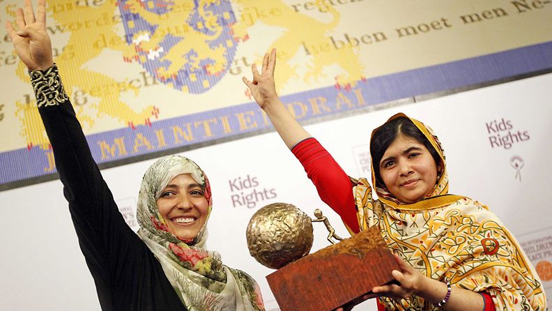 The 16-year old Malala Yousafzai (R) from Pakistan received the International Children's Peace Prize handed over from Yemeni Civil Rights activist and 2011 Nobel Peace Prize winner Tawakkul Karman (L) at the Ridderzaal in the Hague, the Netherlands, 06 September 2013. Malala was attacked by Taliban on 09 October 2012 for advocating girls rights to education and wounded along with two schoolmates.