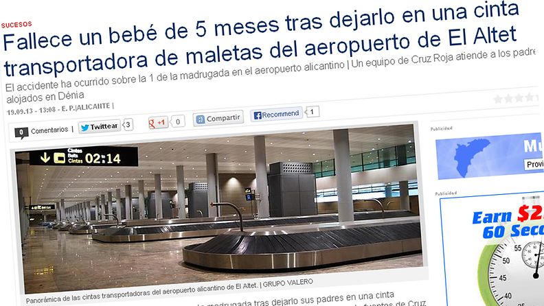 Espanjalaismedian mukaan viisikuukautinen poikavauva sai surmansa Alicanten lentokentällä sattuneessa onnettomuudessa 18. syyskuuta 2013. Kuvakaappaus Laverdadin nettisivuilta.