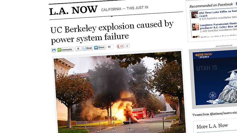 Berkeleyn yliopistolla räjähti. Kuvakaappaus Los Angeles Timesin nettisivuilta.