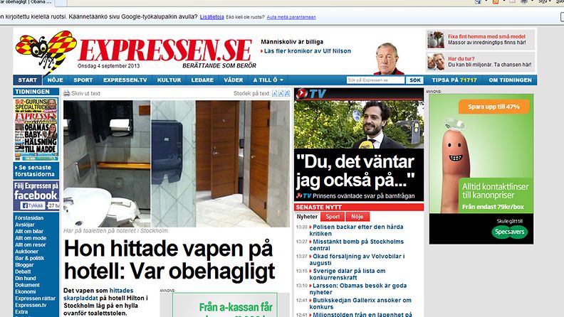 Kuvakaappaus Expressen-lehden verkkosivuilta 4. syyskuuta 2013.