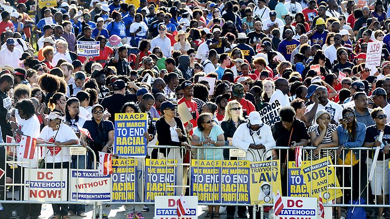 housands of people gather during the March on Washington rally, at the Lincoln Memorial in Washington DC, USA, 24 August 2013. The rally and march is held to commemorate the 50th anniversary of the 28 August 1963 March on Washington led by civil rights leader, the late Dr. Martin Luther King Jr., where he famously gave his 'I Have a Dream' speech. 