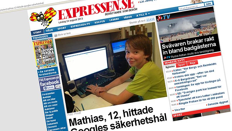12-vuotias Mathias Kujala löysi Googlen käännöspalvelusta tietoturva-aukon. Kuvakaappaus Expressenin sivuilta.