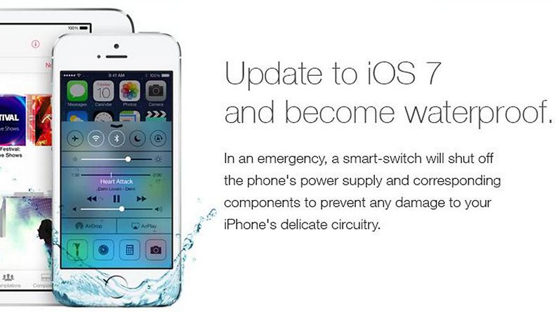 iOS 7 huijausmainos väitti käyttöjärjestelmäpäivityksen tekevän iPhonesta vedenpitävän. Kuvakaappaus The Independentin sivuilta. 