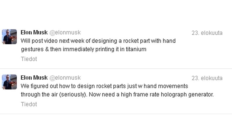 Elon Musk kirjoittaa Twitterissä suunnittelevansa Iron Manista tuttua hologrammilaitetta.