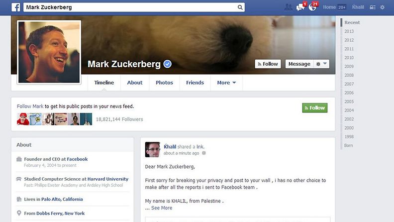Hakkeri ilmoitti Facebookin haavoittuvuudesta Zuckerbergin profiilin kautta. Kuvakaappaus tietokoneasiantuntija "Khalilin" blogista.