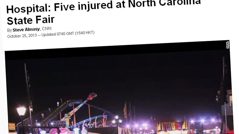 Ainakin viisi ihmistä loukkaantui, kun huvipuistolaite käynnistyi yllättäen ihmisten ollessa poistumassa sen kyydissä Pohjois-Carolinassa. Kuvakaappaus CNN:n sivuilta,