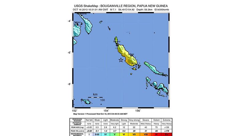  A handout image released by the US Geological Servey (USGS) on 16 October 2013 showin a shake map of the 7.1 earthquake that struck the Bougainville Region of Papua New Guinea. There were no significant injuries or damage reported at this point.